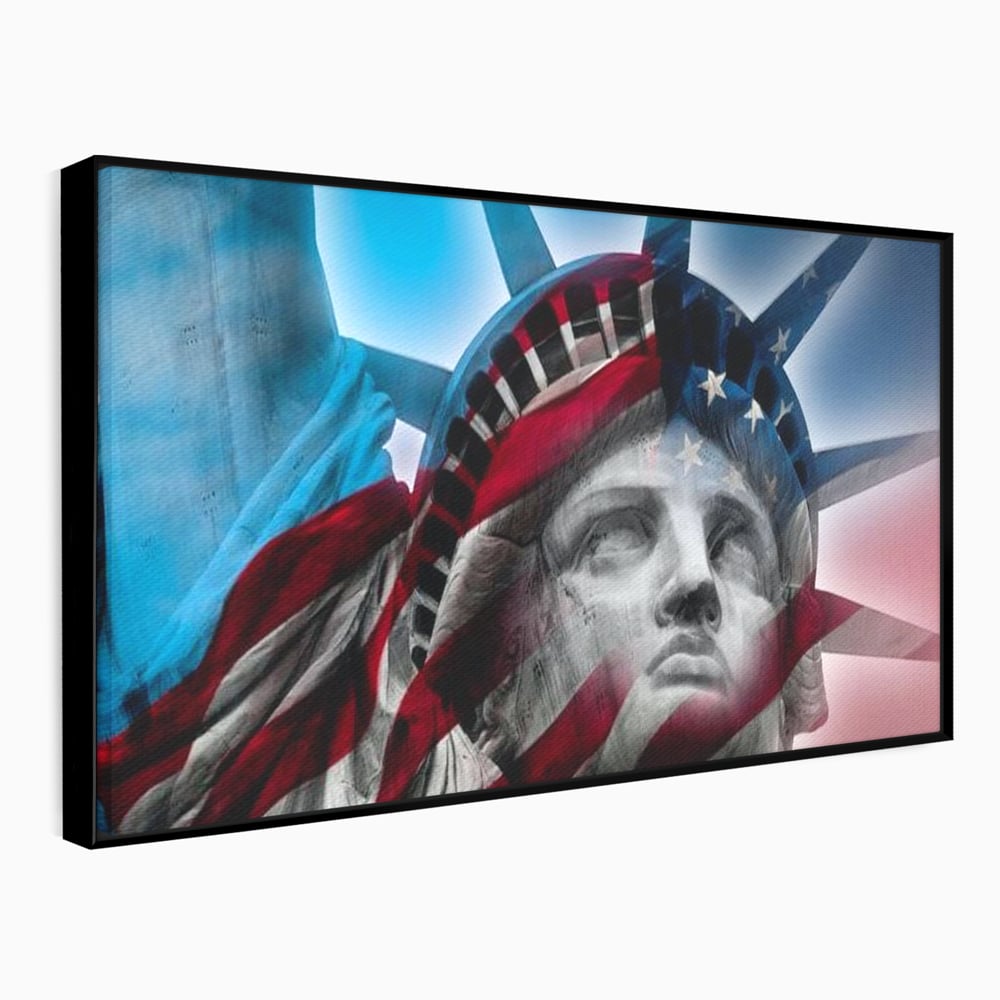 Tablou canvas cu statuia libertatii suprapusa cu steagul american, in rama de aluminiu negru